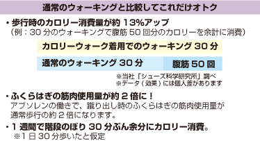 通常のウォーキングと比較してこれだけオトク。歩行時のカロリー消費量が約13%アップ(例:30分のウォーキングで腹筋50回分のカロリーを余計に消費)。ふくらはぎの筋肉使用量が約2倍に!アブソレンの働きで、蹴り出し時のふくらはぎの筋肉使用量が通常歩行の約
2倍になります。一週間で階段のぼり30分ぶん余分にカロリー消費(1日30分歩いたと仮定)。