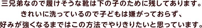 三兄弟なので履けそうな靴は下の子のために残してあります。きれいに洗っているので子どもは嫌がっておらず、好みが強くなるまではこの方法でやりきりたいと思っています。