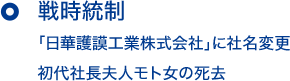 戦時統制 「日華護謨工業株式会社」に社名変更 初代社長夫人モトの死去