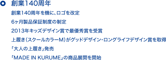 創業140周年 創業140周年を機に、ロゴを改定 6ヶ月製品保証制度の制定 2013年キッズデザイン賞で最優秀賞を受賞 上履き(スクールカラーM)がグッドデザイン・ロングライフデザイン賞を取得 「大人の上履き」発売 「MADE IN KURUME」の商品展開を開始
