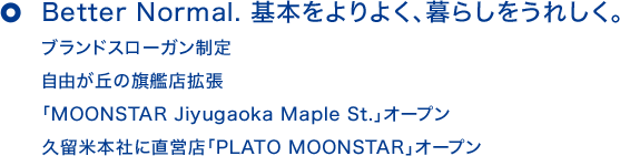 Better Normal. 基本をよりよく、暮らしをうれしく。ブランドスローガン制定 自由が丘の旗艦店拡張 「MOONSTAR Jiyugaoka Maple St.」オープン久 留米本社に直営店「PLATO MOONSTAR」オープン