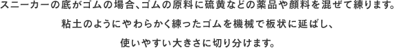 スニーカーの底がゴムの場合、ゴムの原料に硫黄などの薬品や顔料を混ぜて練ります。粘土のようにやわらかく練ったゴムを機械で板状に延ばし、使いやすい大きさに切り分けます。