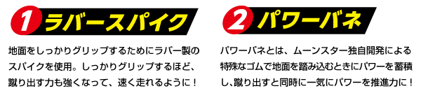 ①ラバースパイク: 地面をしっかりグリップするためにラバー製のスパイクを使用。しっかりグリップするほど、蹴り出す力も強くなって、速く走れるように！
			②パワーバネ: パワーバネとは、ムーンスター独自開発による特殊なゴムで地面を踏み込むときにパワーを蓄積し、蹴り出すと同時に一気にパワーを推進力に！