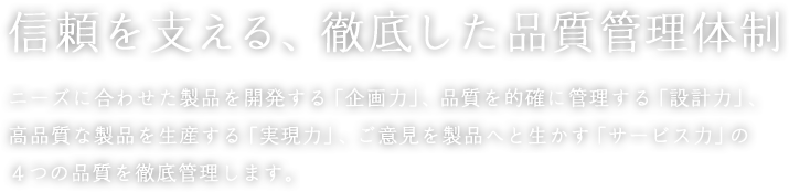 信頼を支える、徹底した品質管理体制 ニーズに合わせた製品を開発する「企画力」、品質を的確に管理する「設計力」、高品質な製品を生産する「実現力」、ご意見を製品へと生かす「サービス力」の４つの品質を徹底管理します。